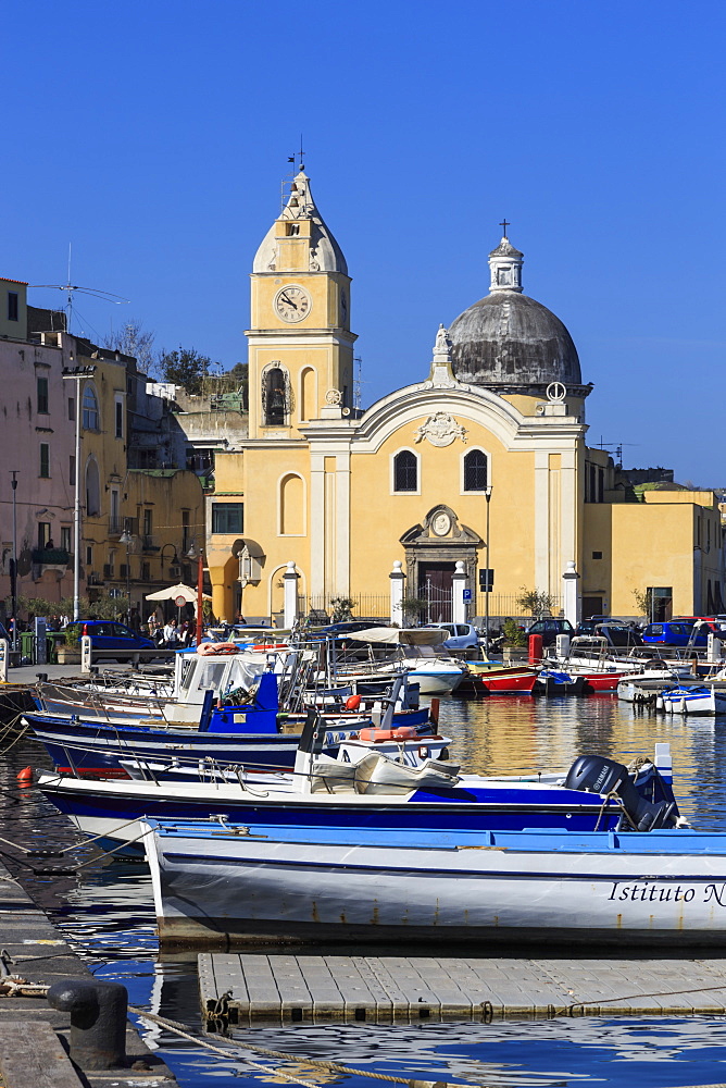 Procida Porto, Marina Grande boats and Santa Maria della Pieta church, Procida Island, Bay of Naples, Campania, Italy, Europe