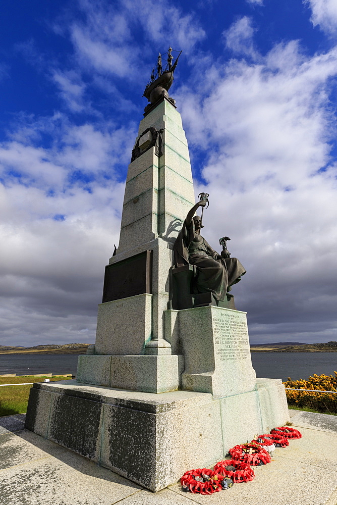 1914 Battle of the Falklands Memorial, sea, distant mountains, Stanley waterfront, Port Stanley, Falkland Islands, South America