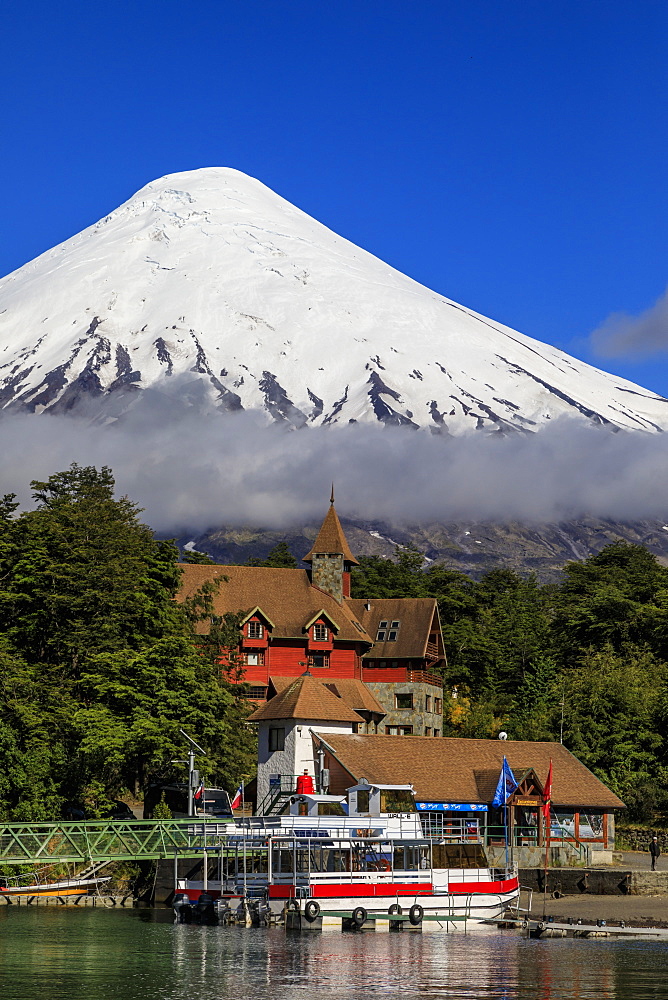 Petrohue, snow-capped, conical Osorno volcano, Lake Todos Los Santos, Vicente Perez Rosales National Park, Lakes District, Chile, South America