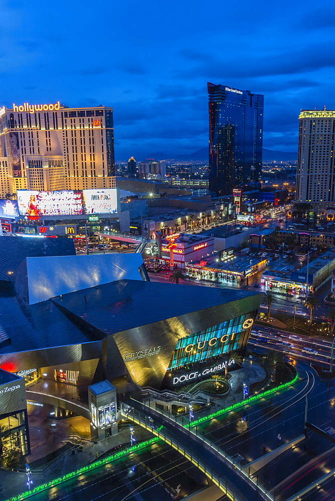 Crystals and The Strip at dusk, Las Vegas, Nevada, United States of America, North America 