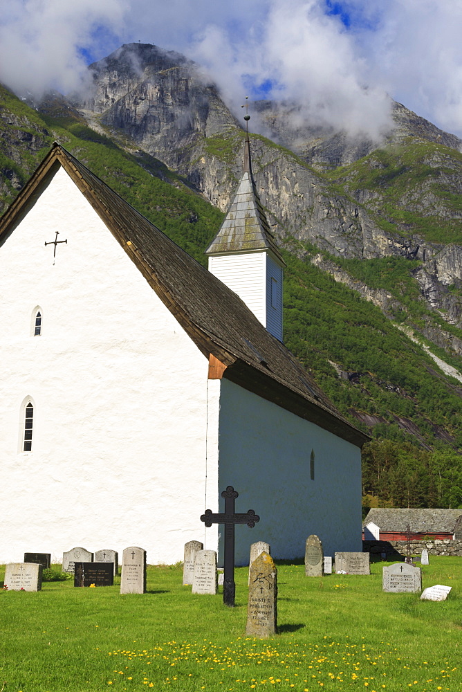 Old Eidfjord Church and mountains, white stone church built in 1309, Eidfjord, Hordaland, Hardanger, Norway, Scandinavia, Europe