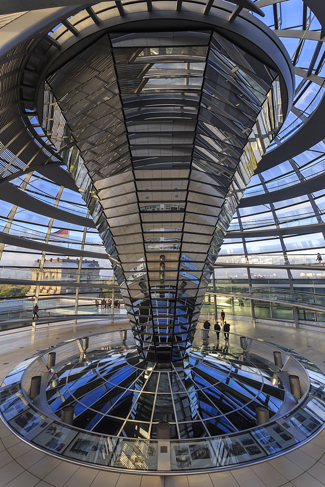 First visitors of the day viewed from the dome interior, Reichstag, early morning, Mitte, Berlin, Germany, Europe