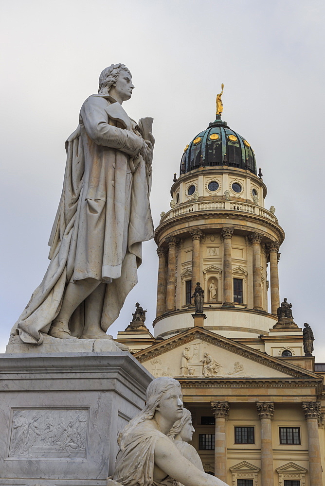 Franzosischer Dom (French Cathedral) and Schiller's Monument detail, Gendarmenmarkt, Mitte, Berlin, Germany, Europe