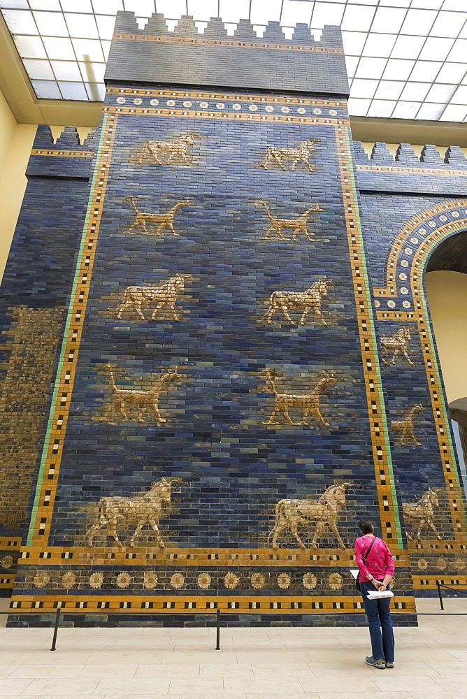 Visitor reads information sign, Ishtar Gate (Babylon), Pergamonmuseum (Pergamon Museum), Museum Island, Berlin, Germany, Europe