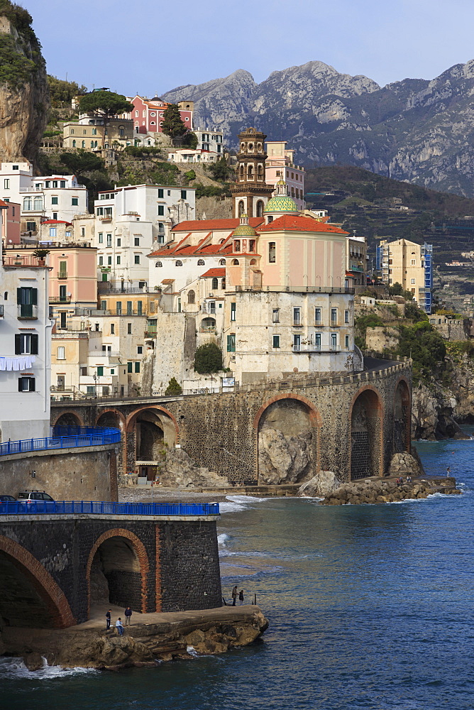 Church of Santa Maria Maddalena and coast road, Atrani, near Amalfi, Costiera Amalfitana (Amalfi Coast), UNESCO World Heritage Site, Campania, Italy, Europe