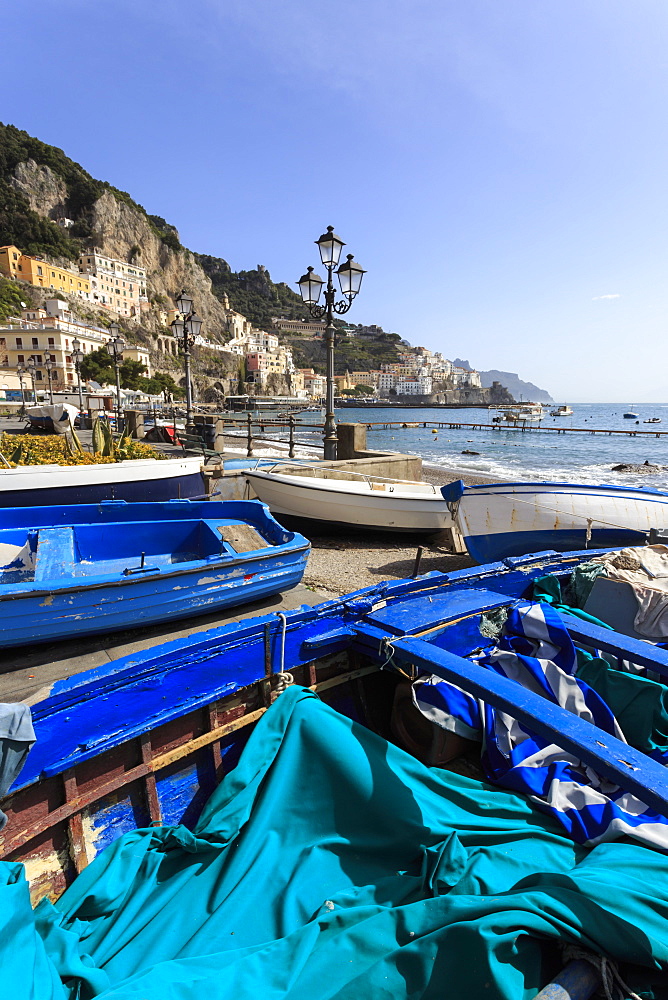 Fishing boats on shore, Amalfi waterfront, Costiera Amalfitana (Amalfi Coast), UNESCO World Heritage Site, Campania, Italy, Europe