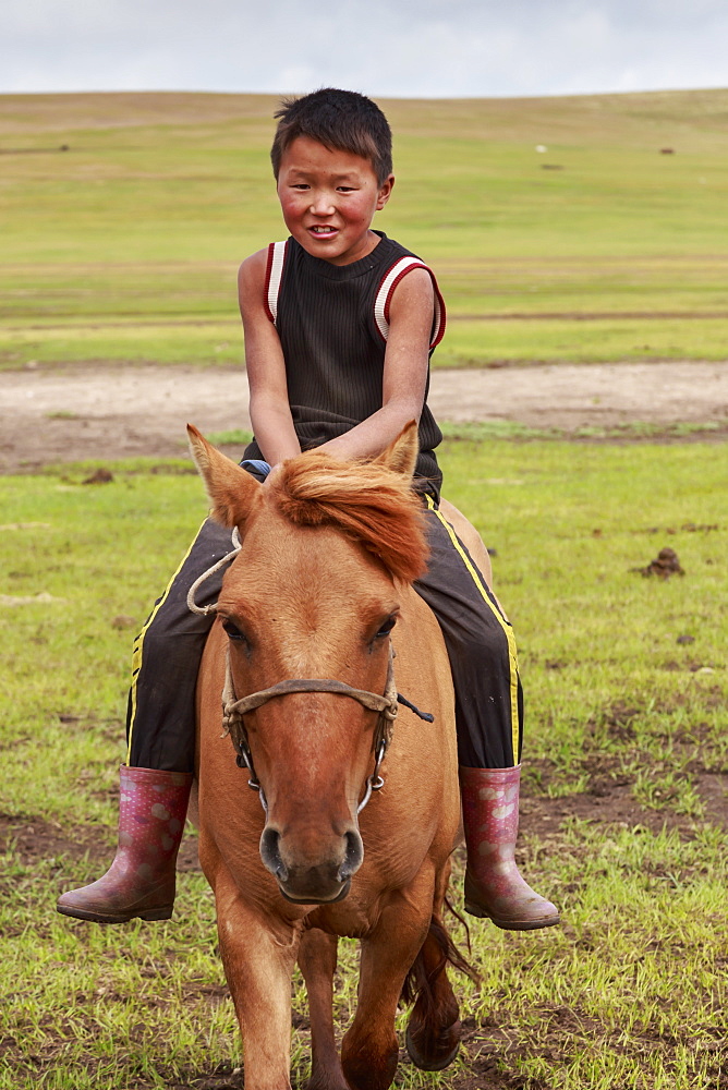 Horse and boy riding bareback at summer nomad camp, Khujirt, Uvurkhangai (Ovorkhangai), Central Mongolia, Central Asia, Asia