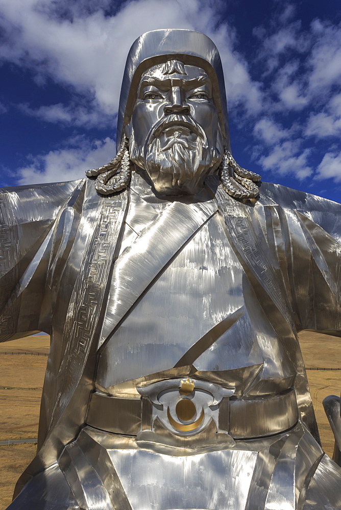 Huge silver stainless steel Chinggis Khaan (Genghis Khan) statue, Tsonjin Boldog, Tov Province, Central Mongolia, Central Asia, Asia