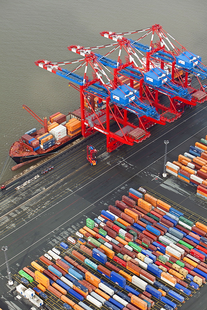 Elevated view of cranes and cargo containers at port in Bremerhaven, Bremen, Germany