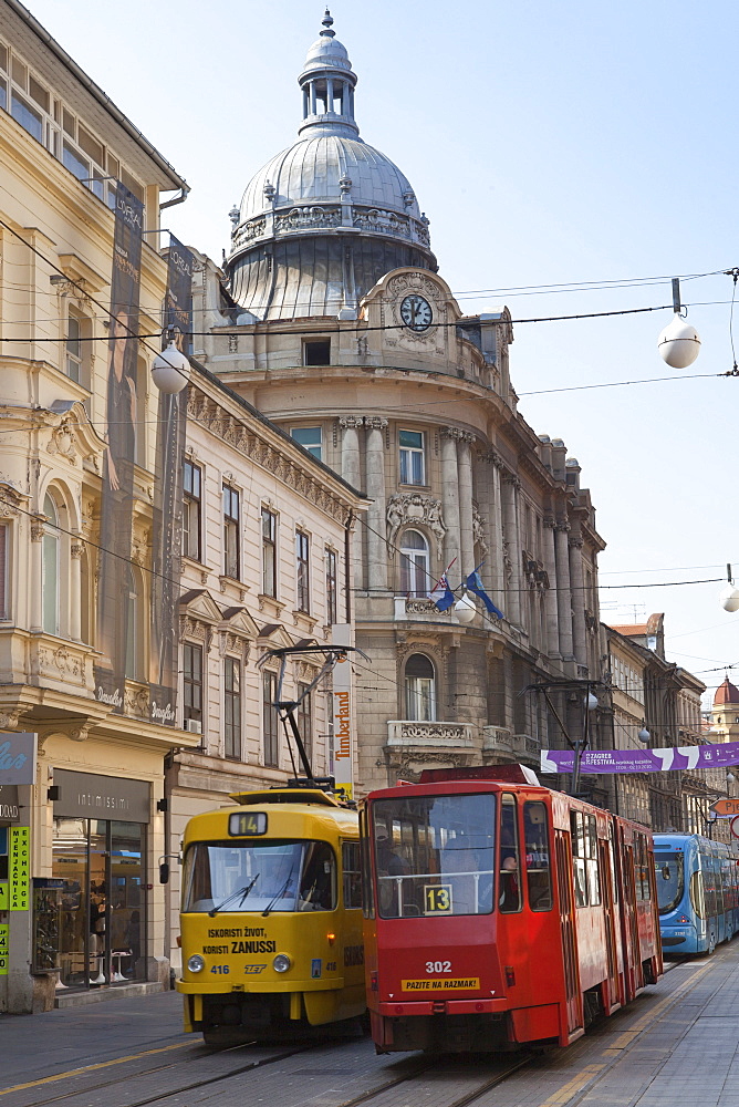 Trams in the old shopping street Ilica, Zagreb, Croatia