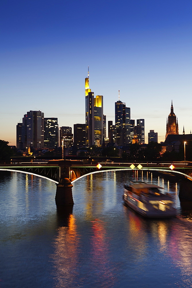 View of Ignatz Bubis bridge, Cathedral and Skyline in Frankfurt, Germany