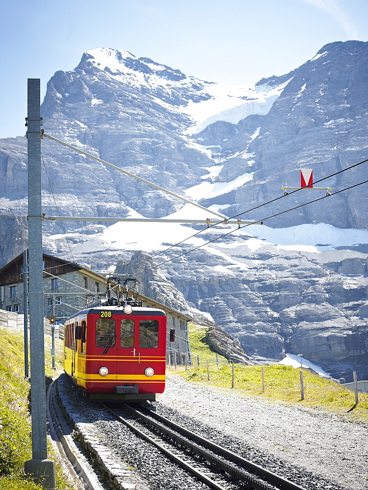 View of mountain railway and landscape in Alps, Switzerland