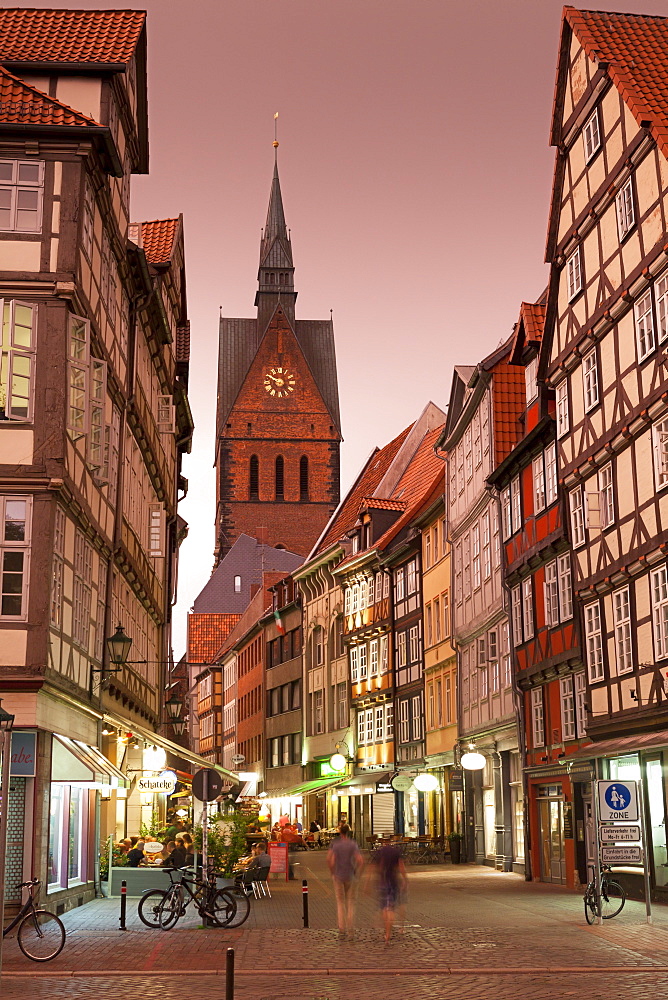 View of Market church and half-timbered houses on Kramer Street, Hannover, Germany