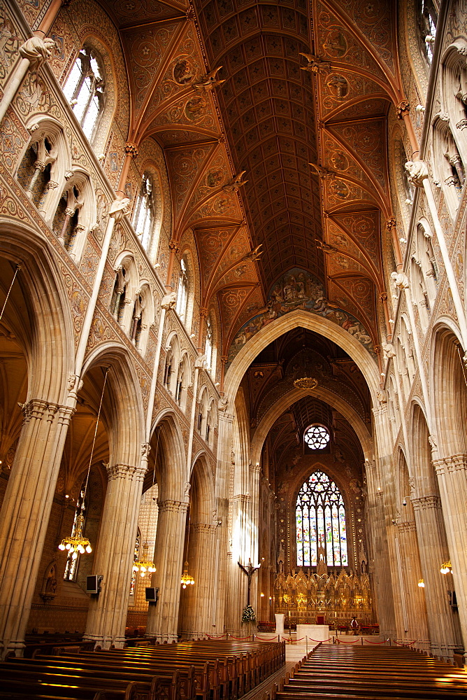 Columns and benches at St. Patrick's Cathedral in Armagh, Ireland, UK