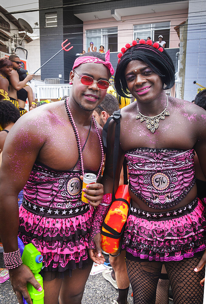 Young men dressed in costume for carnival, Salvador, Bahia, Brazil, South America