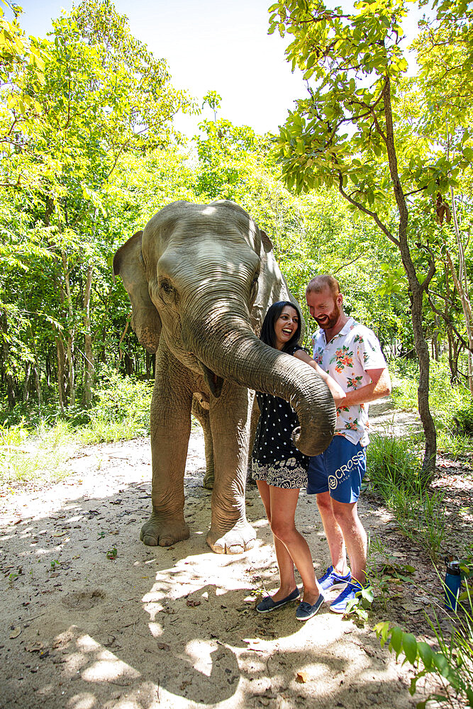 A young couple with a rescued elephant at Phnom Tamao Wildlife Rescue Center (PTWRC) run by Wildlife Alliance, near Phnom Penh, Cambodia, Indochina, Southeast Asia, Asia