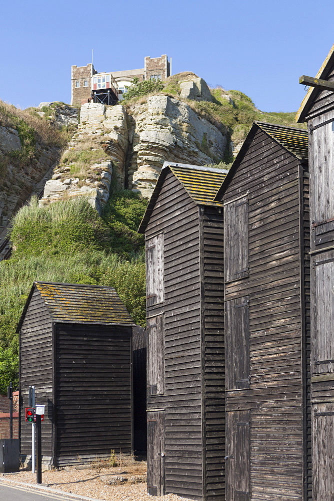 The Stade, net huts (net shops) and funicular railway in the centre of Old Town, Hastings, East Sussex, England, United Kingdom, Europe