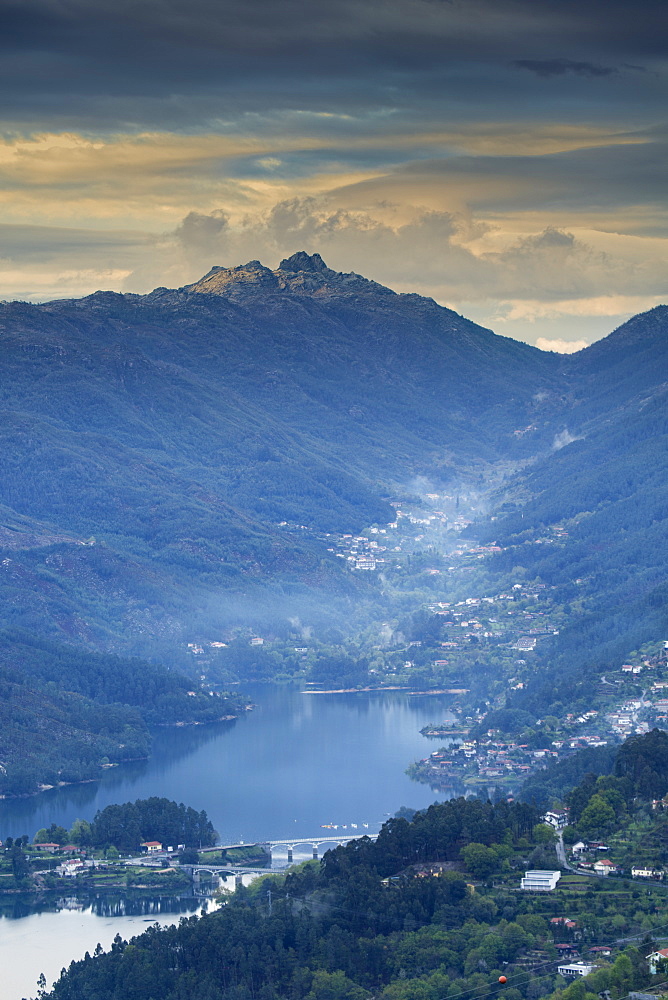 View of the Serra do Geres mountains, terraced fields and the Rio Homem (Homem River), Peneda Geres National Park, Minho, Norte Region, Portugal, Europe