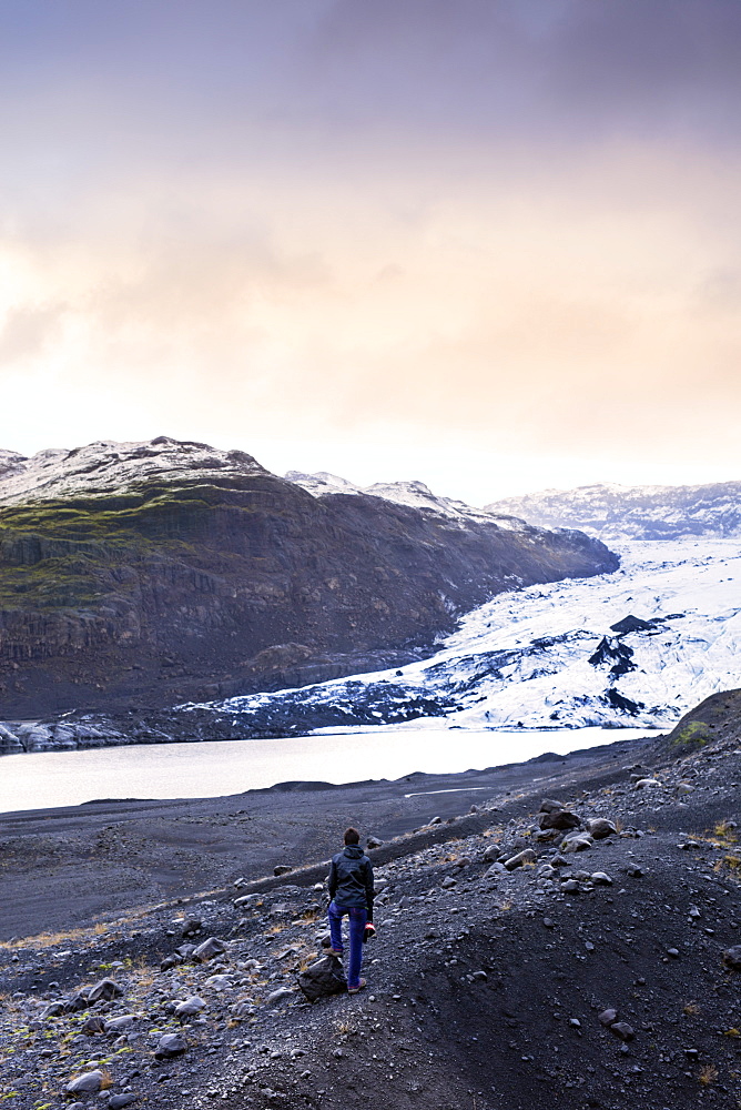 Hiker in front of the Vatnajokull glacier in Vatnajokull National Park in southeast Iceland, Polar Regions