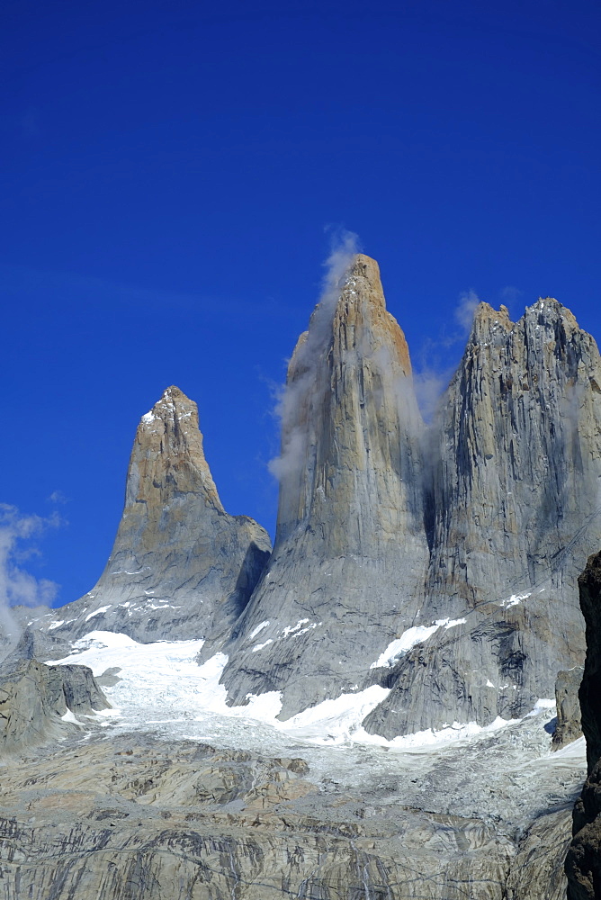 The rock towers that give the Torres del Paine range its name, Torres del Paine National Park, Patagonia, Chile, South America