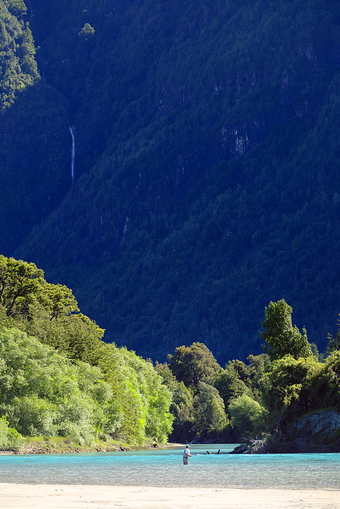 Fisherman on the Puelo River, northern Patagonia, Chile, South America