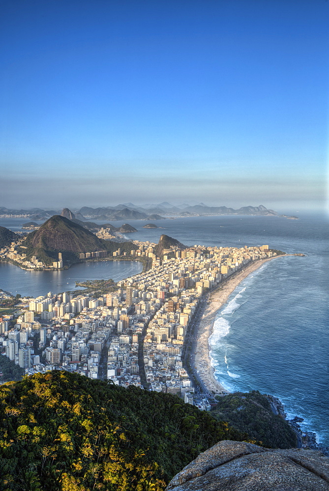 View of Ipanema and Leblon beaches, Corcovado and the Sugar Loaf at twilight, Rio de Janeiro, Brazil, South America