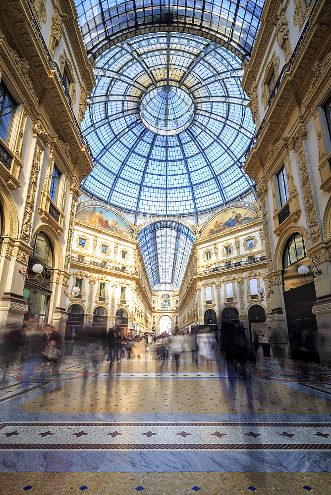 The shopping arcades and the glass dome of the historical Galleria Vittorio Emanuele II, Milan, Lombardy, Italy, Europe