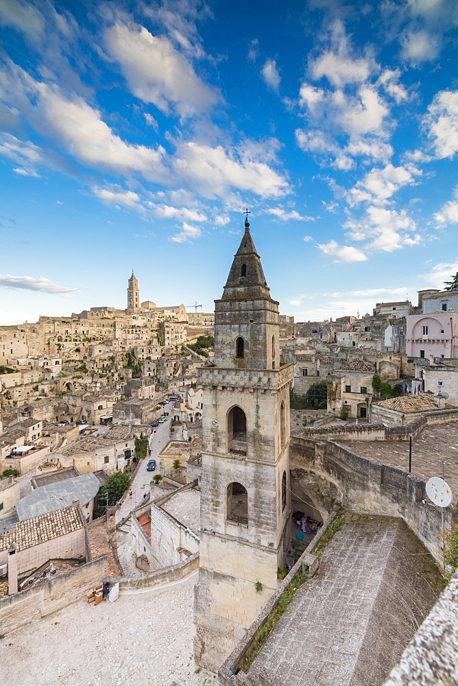 View of the ancient town and historical center called Sassi, perched on rocks on top of hill, Matera, Basilicata, Italy, Europe