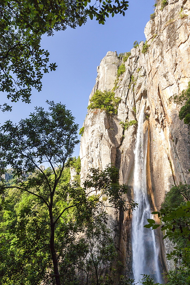 The Piscia di Gallo waterfall surrounded by granite rocks and green woods, Zonza, Southern Corsica, France, Europe