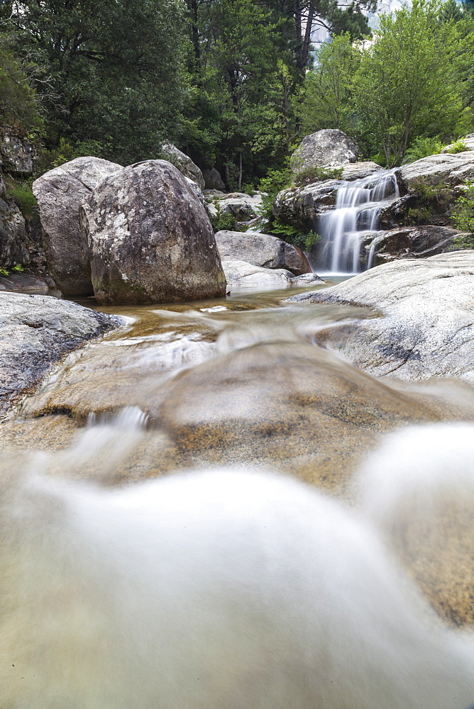 View of the Purcaraccia waterfalls and natural pools in summer, Punta di Malanda, Bavella Mountains, Quenza, Corsica, France, Europe