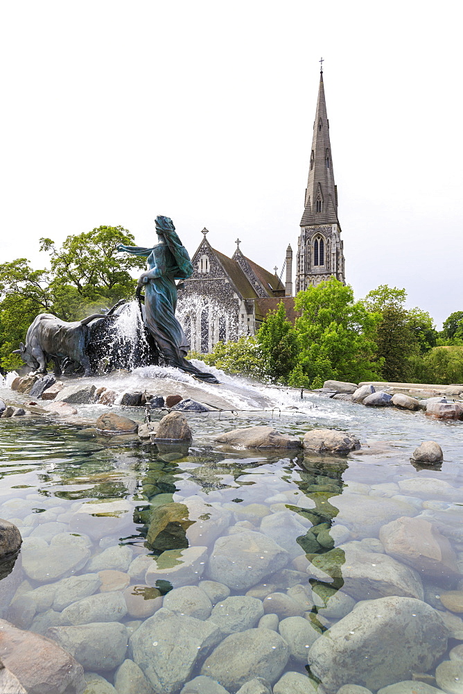 St. Alban's Church with the Gefion Fountain in the foreground, Churchill Park, Copenhagen, Denmark, Europe