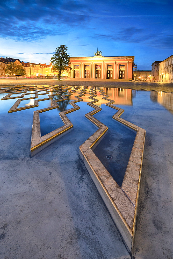 Thorvaldsens Museum reflected in the fountain of Bertel Thorvaldsen's Square at night, Copenhagen, Denmark, Europe