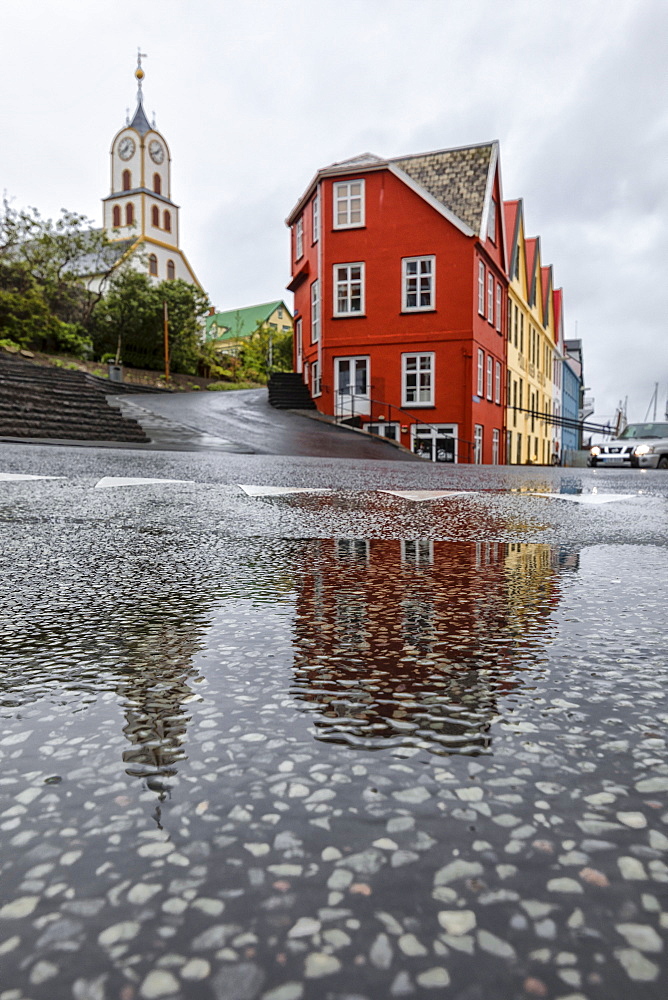 Cathedral and typical houses in the city centre of Torshavn, Streymoy Island, Faroe Islands, Denmark, Europe