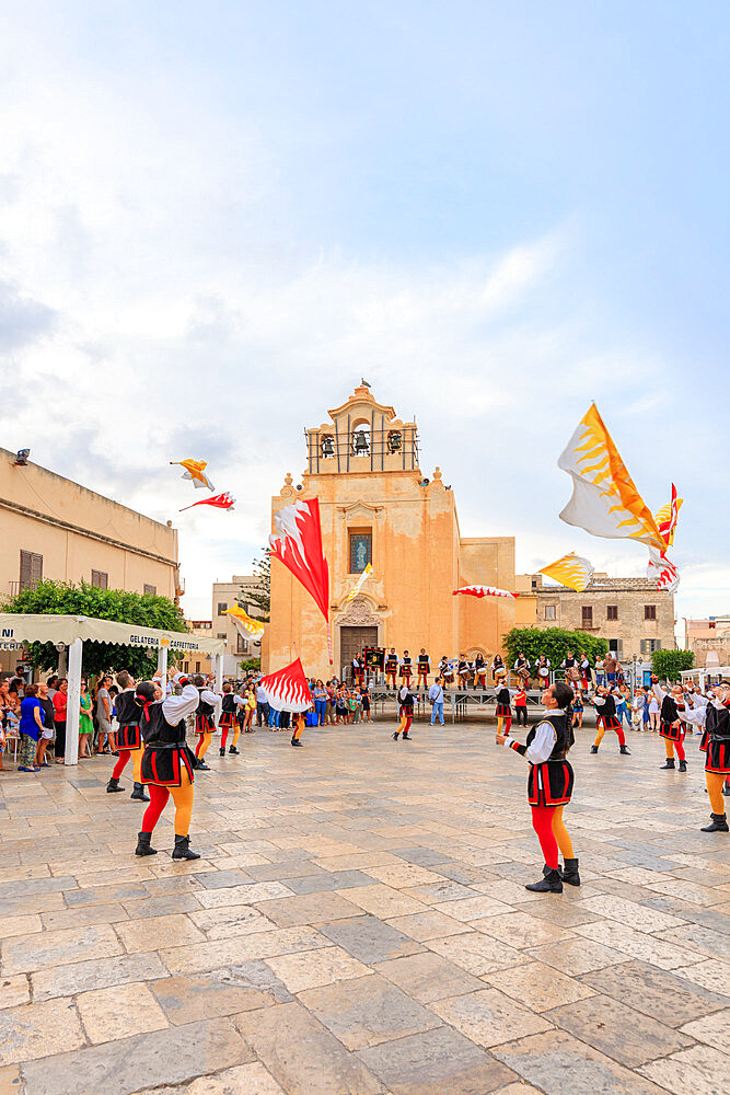 Traditional costumes and flags, Favignana island, Aegadian Islands, province of Trapani, Sicily, Italy, Europe