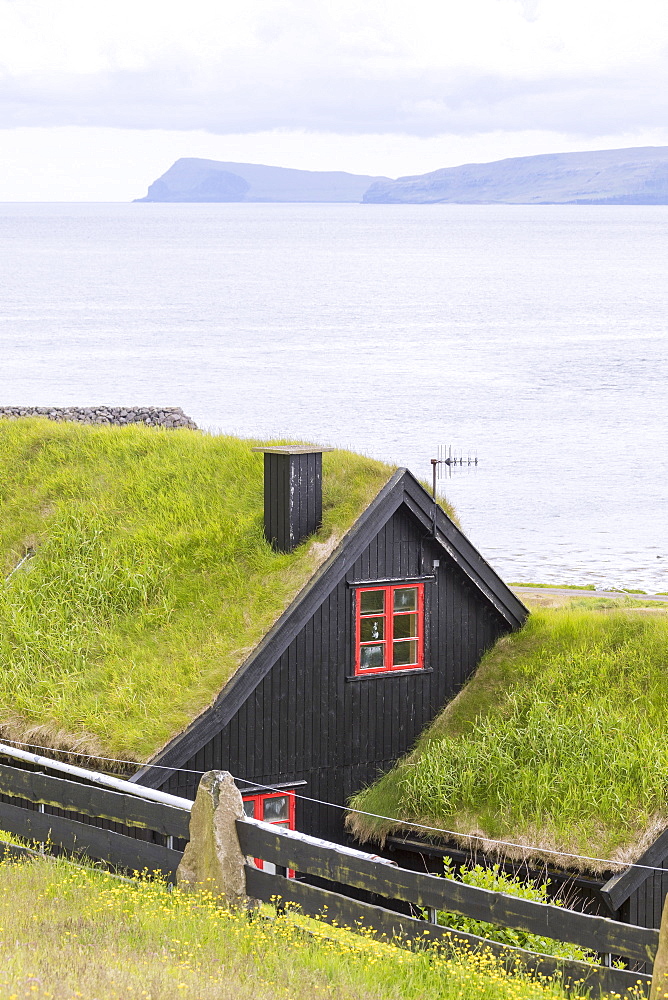 Traditional houses with grass (turf) roof, Kirkjubour, Streymoy island, Faroe Islands, Denmark, Europe