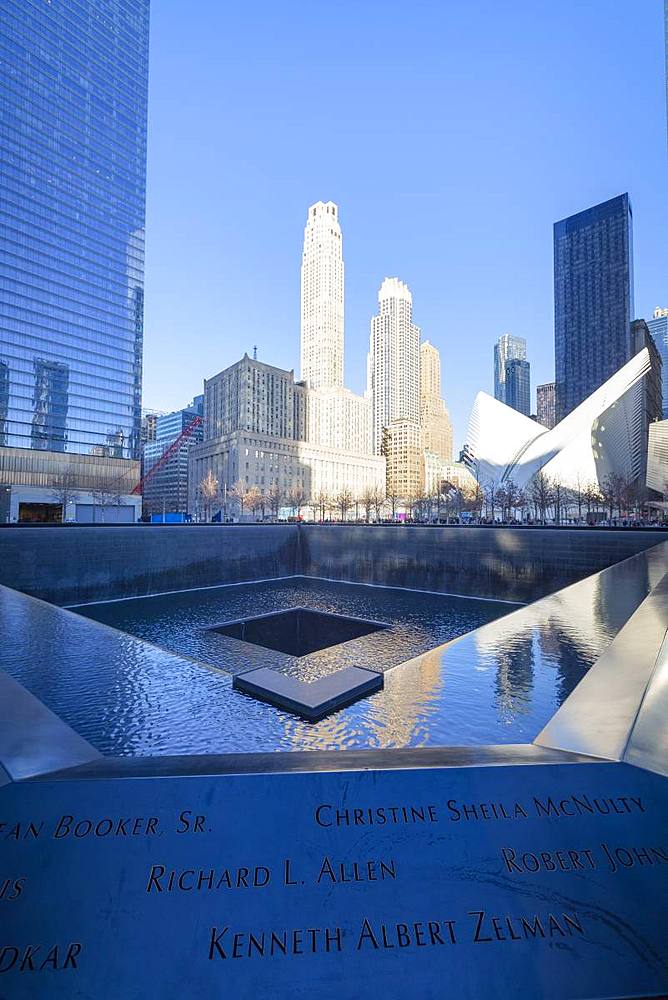 North Pool memorial fountain, Ground Zero, One World Trade Center, Lower Manhattan, New York City, United States of America, North America