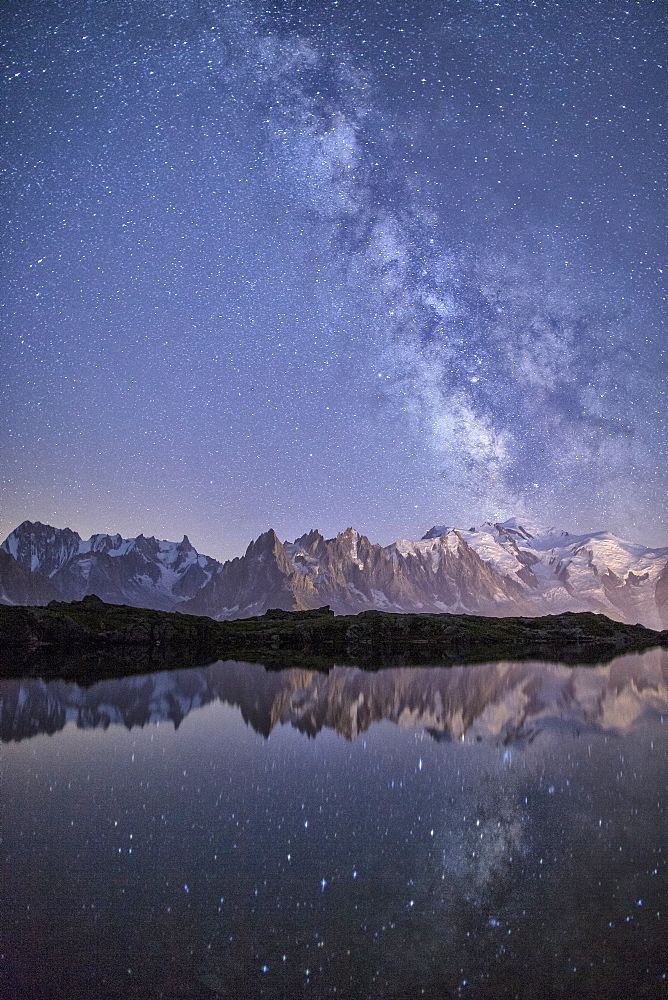 A sharp Milky Way on a starry night at Lac des Cheserys with Mont Blanc, Europe's highest peak, to the right, Haute Savoie, French Alps, France, Europe