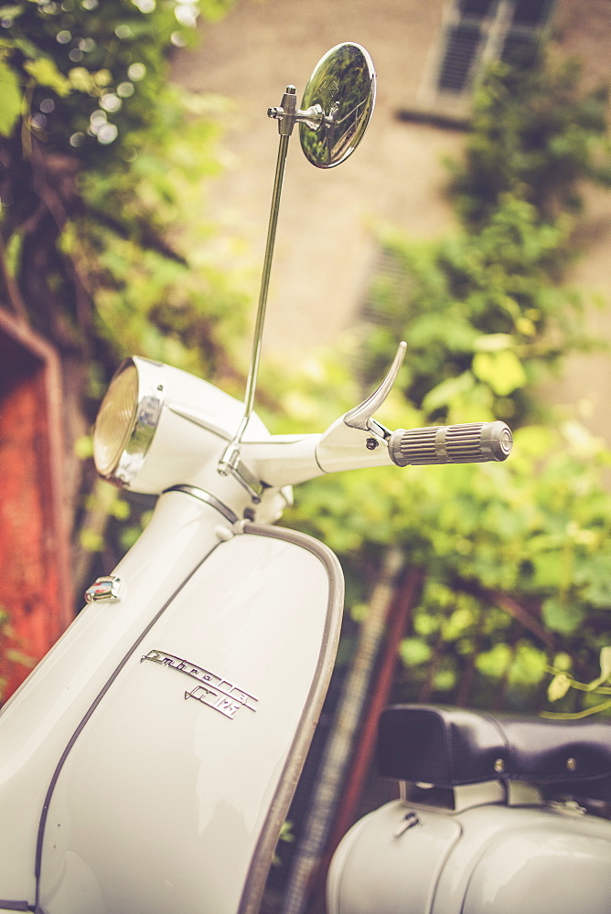 Handlebar and front shell of iconic Lambretta Innocenti scooter, Morbegno, province of Sondrio, Valtellina, Lombardy, Italy, Europe