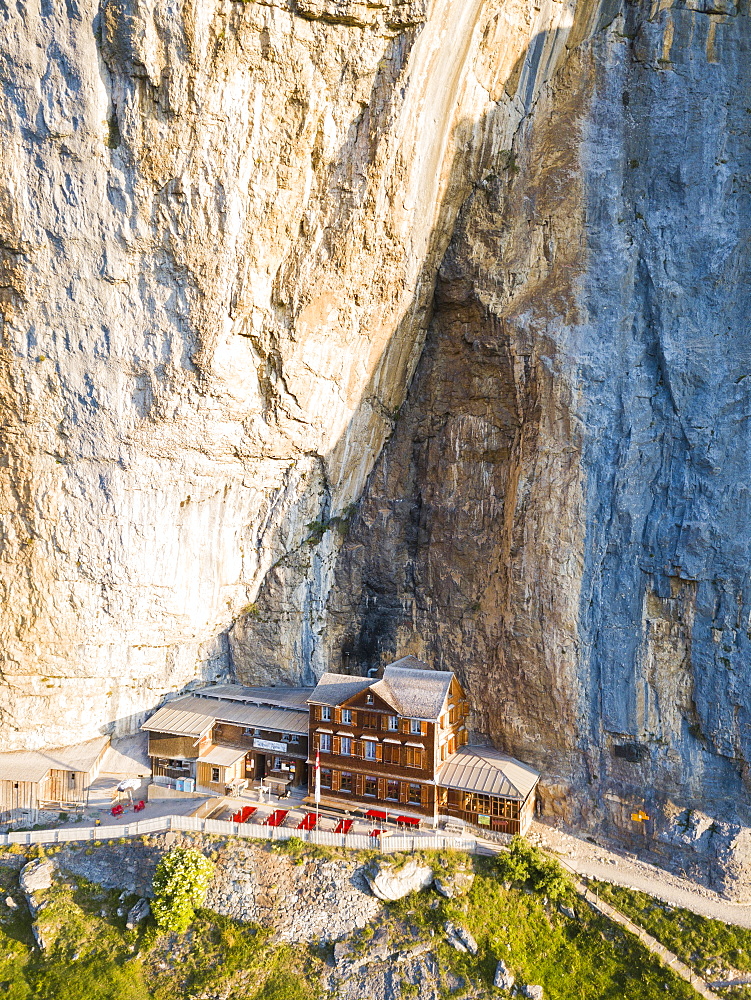 Aerial panoramic of Aescher-Wildkirchli Gasthaus, Ebenalp, Appenzell Innerrhoden, Switzerland, Europe