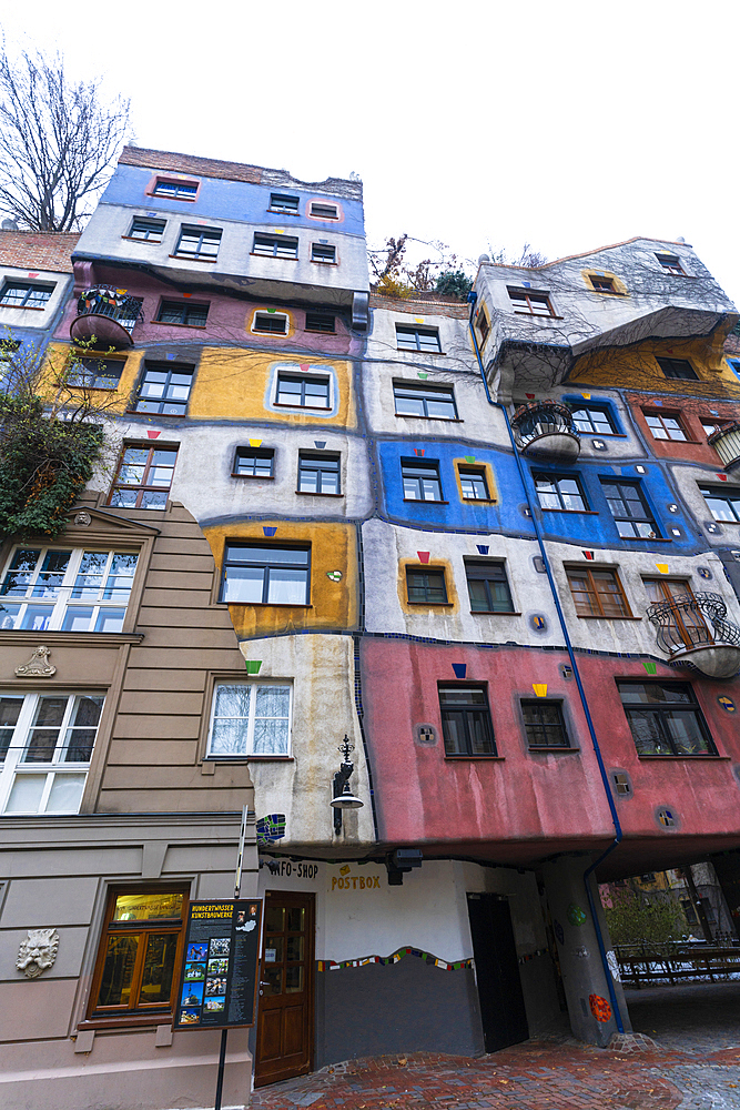 Colorful facades of apartments in the iconic Hundertwasser Village, Hundertwasserhaus, Vienna, Austria, Europe