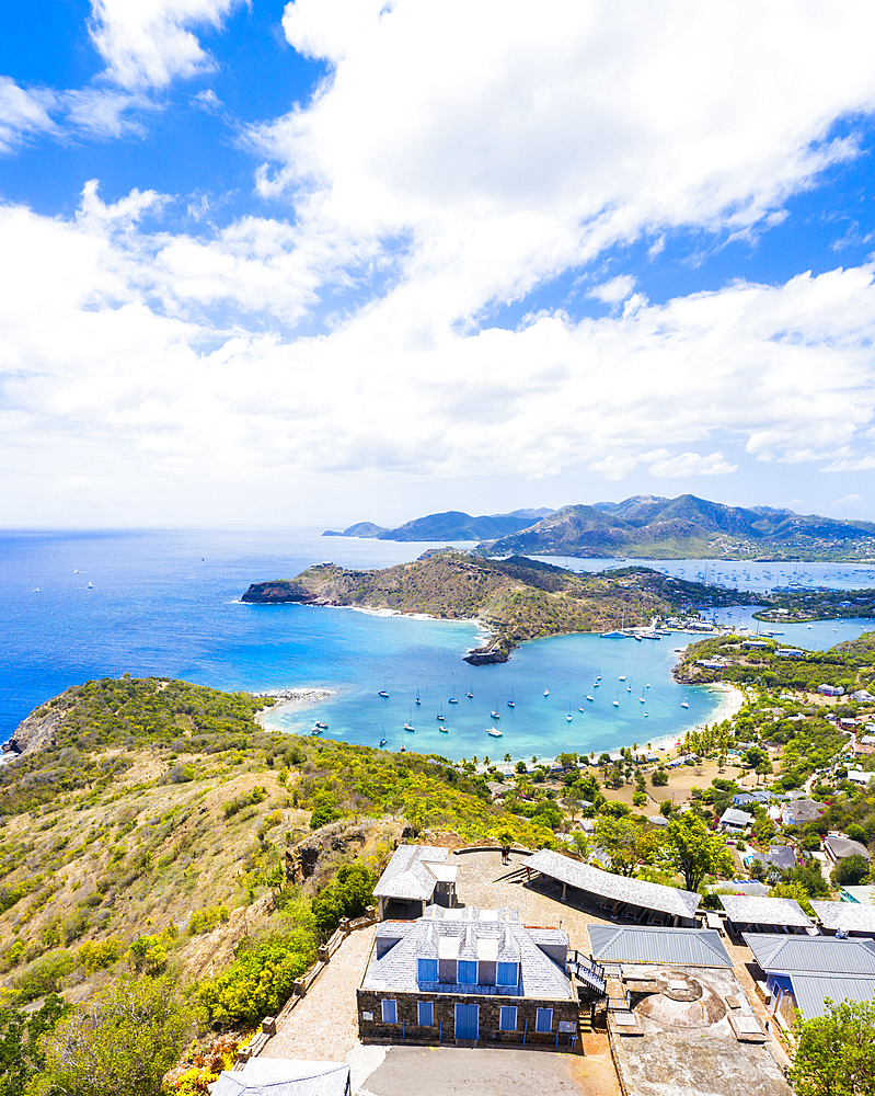 Aerial panoramic by drone of Shirley Heights towards Galleon Beach and English Harbour, Antigua, Leeward Islands, West Indies, Caribbean, Central America