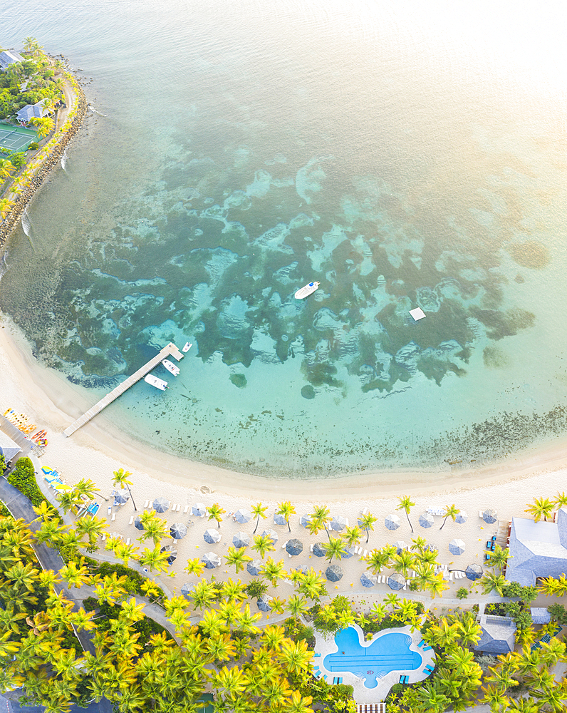 Panoramic of palm-fringed beach of luxury resort washed by Caribbean Sea from above, Morris Bay, Old Road, Antigua, Leeward Islands, West Indies, Caribbean, Central America