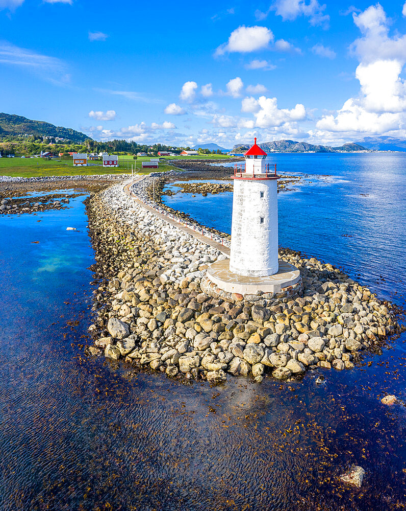 Front view of Hogsteinen Lighthouse, aerial view by drone, Godoya Island, Alesund, More og Romsdal County, Norway, Scandinavia, Europe