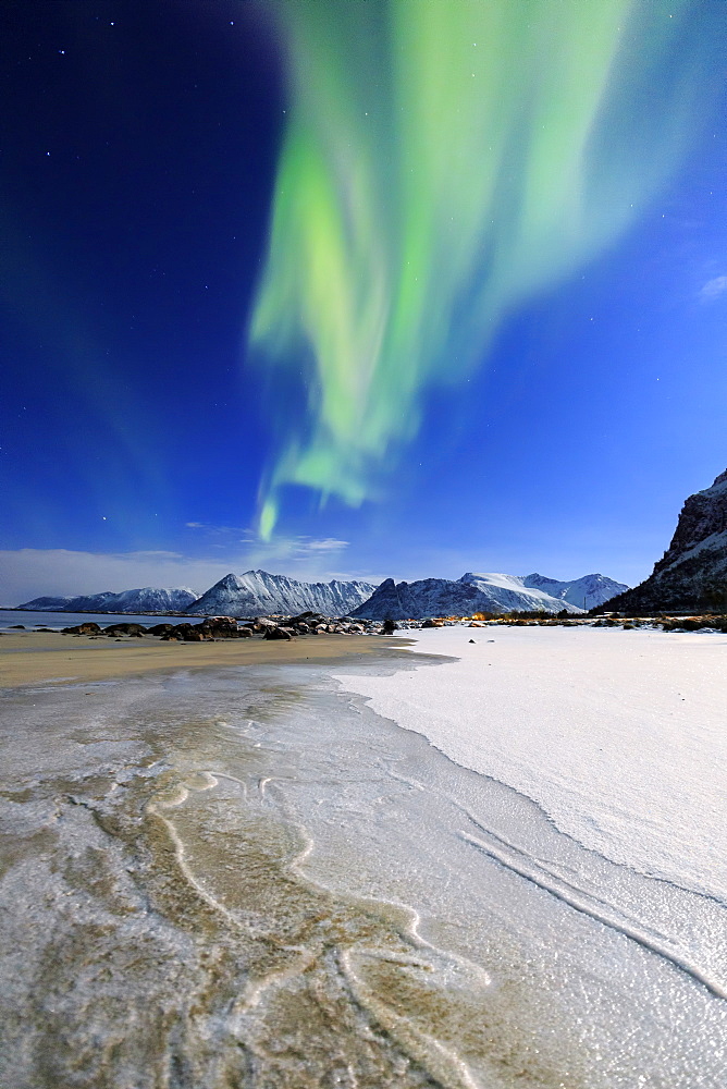 Northern Lights (aurora borealis) on Gymsoyan sky, Gimsoy, Lofoten Islands, Arctic, Norway, Scandinavia, Europe