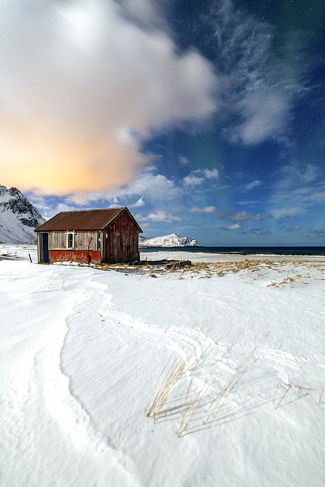 House surrounded by snow in a cold winter day, Flakstad, Lofoten Islands, Arctic, Norway, Scandinavia, Europe