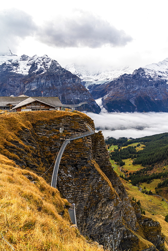 Elevated metal walkway on mountain ridge known as Cliff Walk by Tissot, First, Grindelwald, Bernese Alps, Canton of Bern, Switzerland, Europe