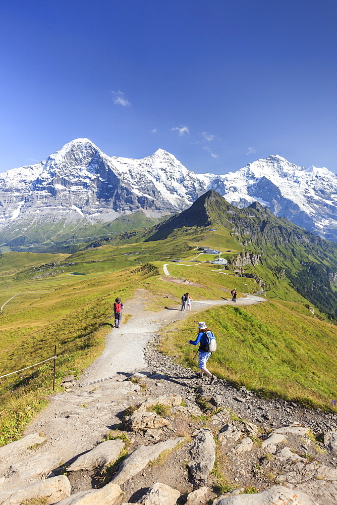 Hikers on the way to Mount Eiger, Mannlichen, Grindelwald, Bernese Oberland, Canton of Bern, Swiss Alps, Switzerland, Europe