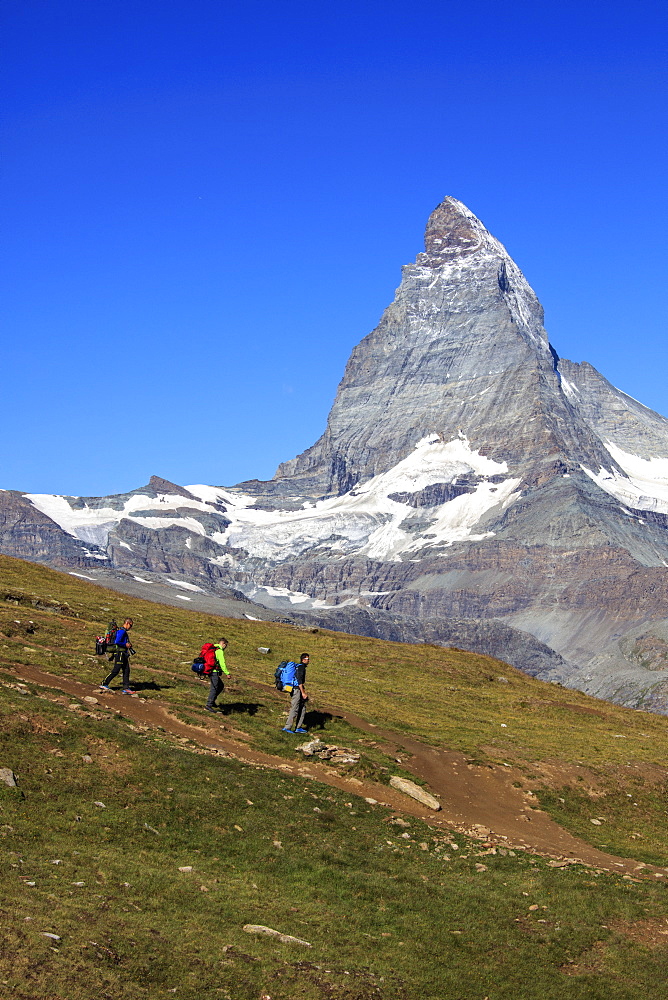 Hikers proceed with the Matterhorn in background in a clear summer day, Gornergrat, Canton of Valais, Swiss Alps, Switzerland, Europe