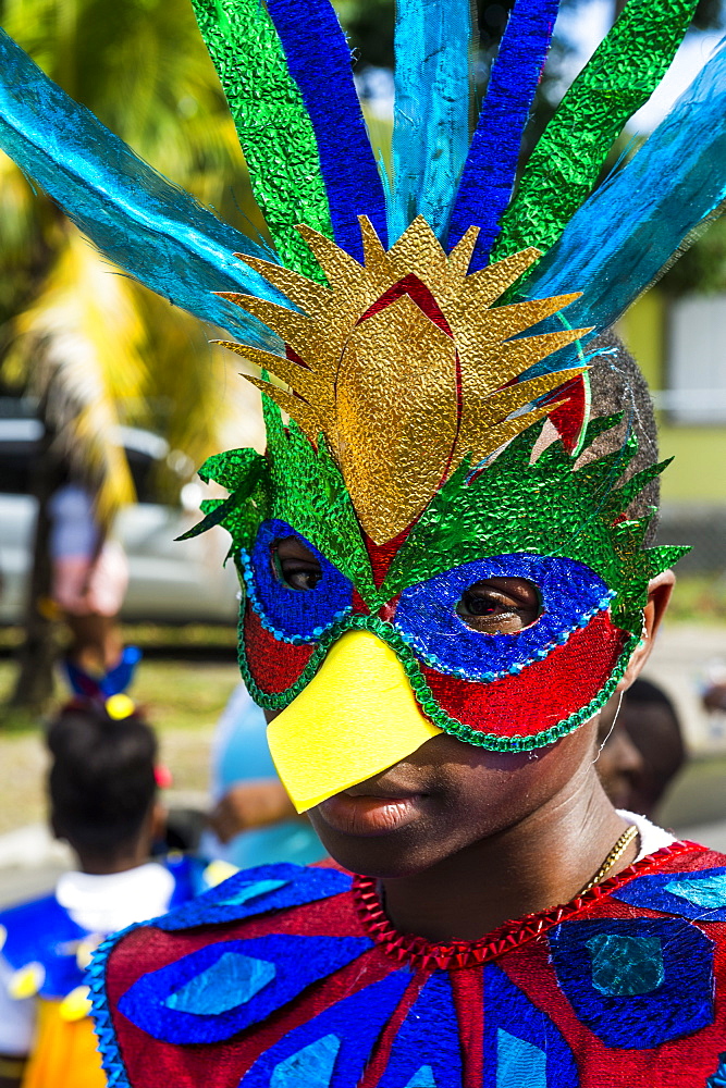 Boy in a carnival costume at the Carnival of Montserrat, British Overseas Territory, West Indies, Caribbean, Central America