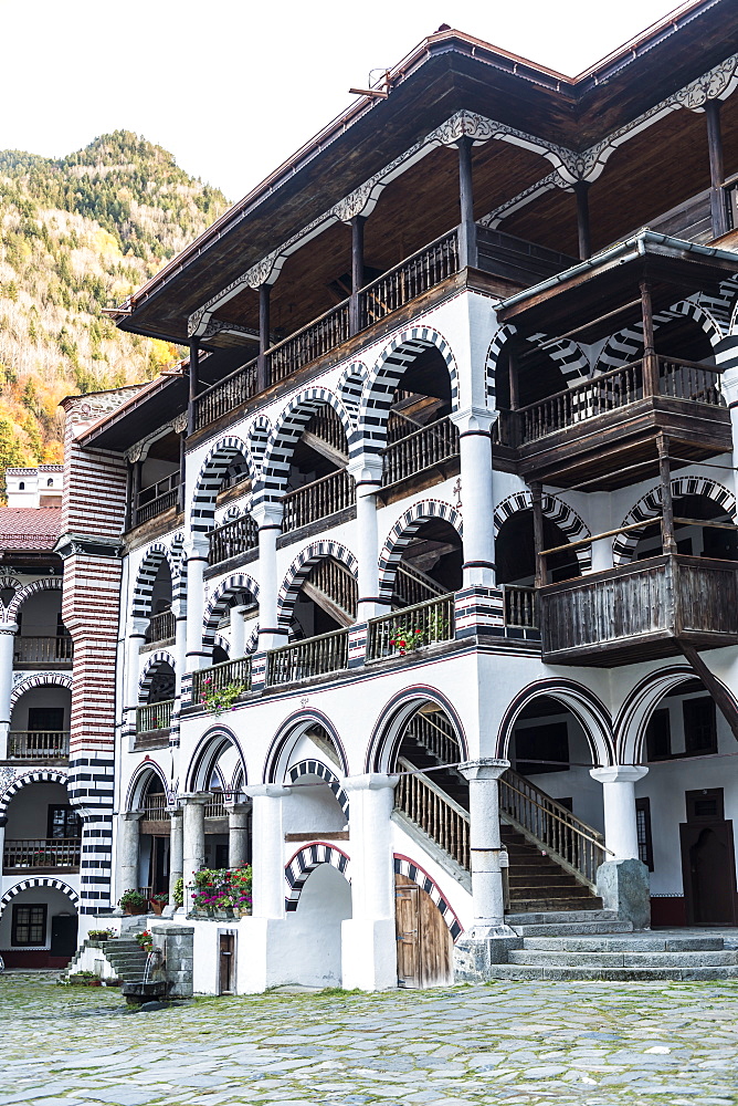 Inner courtyard, Rila Monastery, UNESCO World Heritage Site, Rila mountains, Bulgaria, Europe